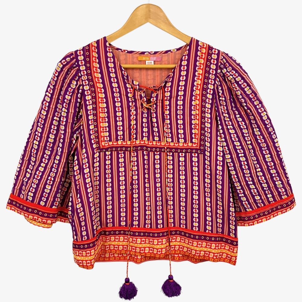 Briton Court Top Womens S Multicolor Striped Tassel Hem Tunic 3/4 Sleeve Boho